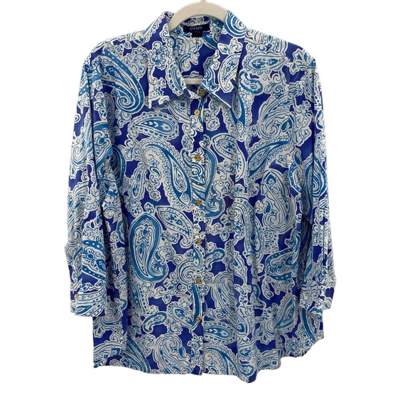 Chaps Tops - Chaps Button Front Shirt Womens Plus 2X Blue White Paisley Print Cotton